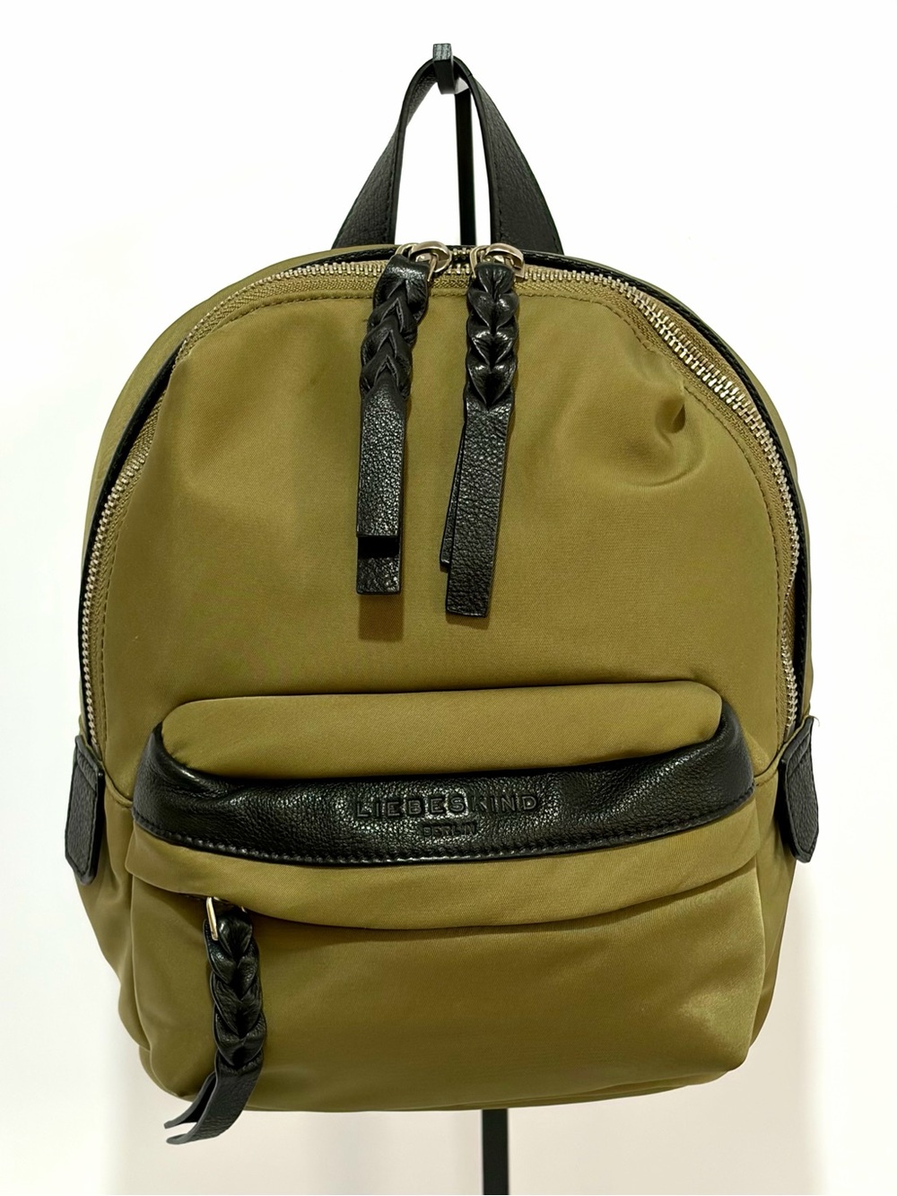 Liebeskind Olive Green Mini Backpack with Black Trim and Braided Pulls